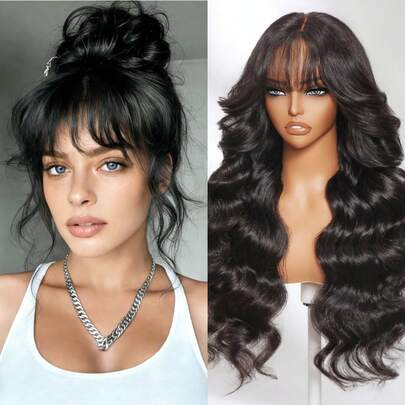  Pelucas de cabello 100% humano con flequillo de cortina, negro esponjoso, pre cortado, pre decolorado, pre arrancado, 7x5 Bye Bye Nudos, peluca de encaje frontal, onda suelta natural, usar sin pegamento, peluca con cierre de encaje para mujeres UNICE Hair