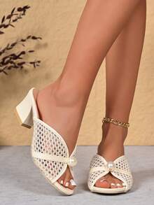 Plus Size Women's Peep Toe High Heel Sandals, Fashionable Hollow Out Sexy Mesh Shoes With Faux Pearl Decor, Elegant Personalized Suitable For Dates, Parties, Banquets, Weddings, Bridal - Beige - View 13