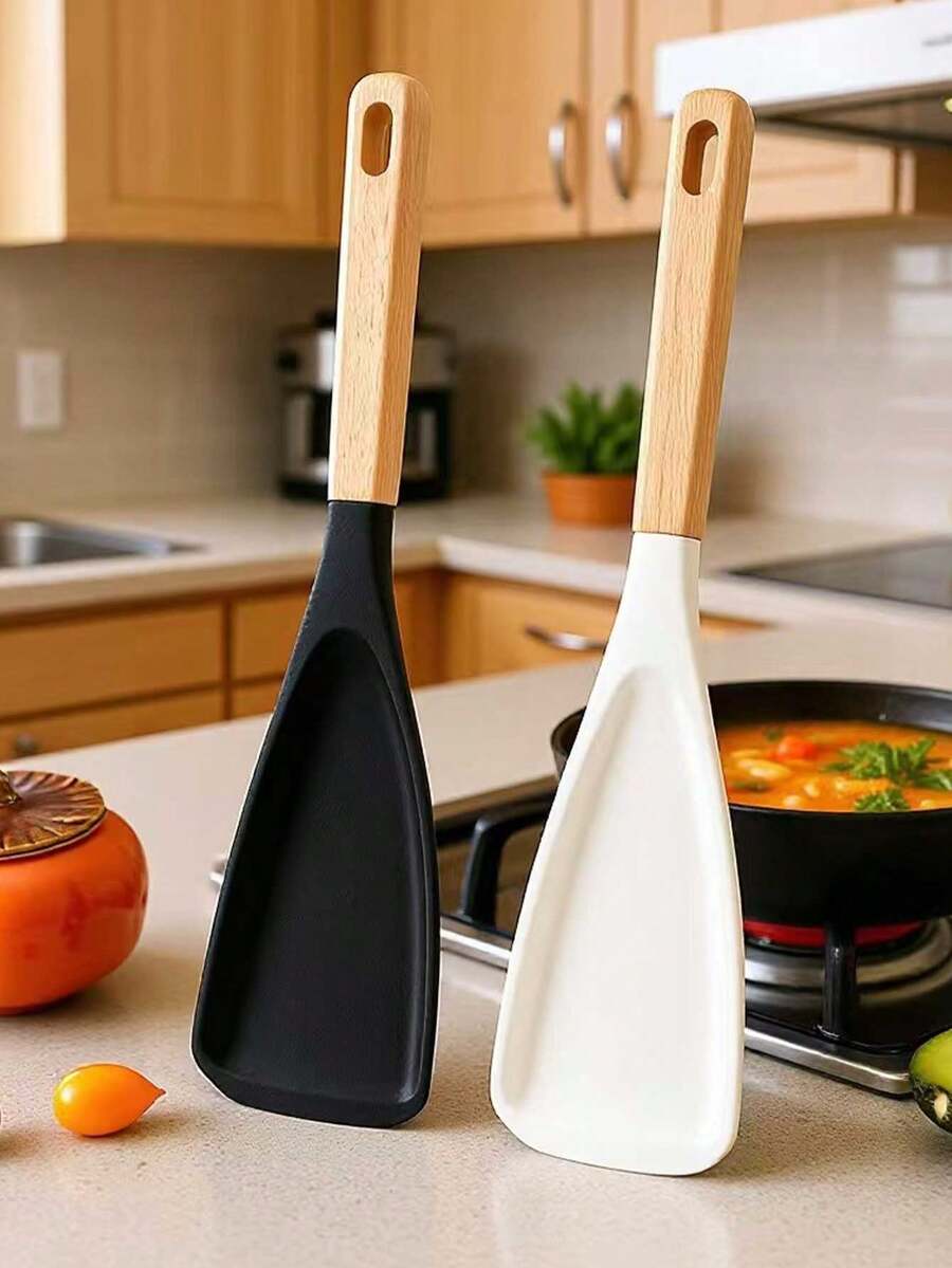 1个硅胶铲，多功能不粘锅铲，带加长木柄，适用于搅拌、舀取和刮取 - 彩色 - 查看 1