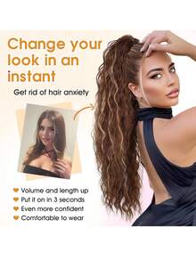 28-Inch Long Wavy Clip-On Ponytail, Multi-Layer Synthetic Heat-Resistant Hair Extension, Curly Wavy Heat-Resistant Fiber Wig Suitable For Both Men And Women, Easy To Wear, Black And Brown Long Extensions Suitable For Party And Daily Looks, Suitable For Women Of All Races With Basic Styles, High-Temperature Fiber, Natural Look - Brown Highlight - View 5