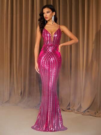 Women's Sexy Spaghetti Strap Geometric Sequin Backless Mesh Patchwork Dress, Suitable For Party, Formal Event, Evening Date, All Seasons