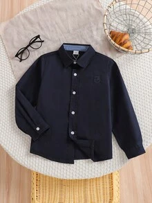 Boys' Collared Long Sleeve Shirt, Collegiate Style, Spring/Autumn - Navy Blue - View 1