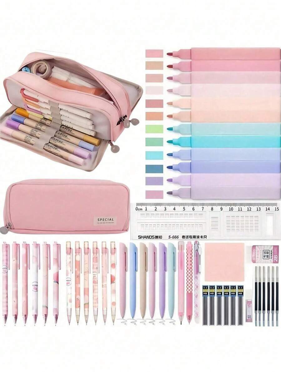 30 peças/50 peças Conjunto de Papelaria Morandini, Estojo de Lápis de Grande Capacidade, 6 peças de Canetas Esferográficas Pretas, 6 peças de Canetas Coloridas Morandini 0,5mm, 12 peças de Marcadores Degradê, Canetas Fofas e Caixa de Lápis, Blocos de Notas, Borrachas, Conjunto de Réguas, Suprimentos Fofos de Escritório e Escola, Presente Unissex, Volta às Aulas, Suprimentos de Escritório, Suprimentos Escolares, Materiais de Arte, Canetas, Materiais de Arte, Estojo de Lápis, Papelaria - Multicolorido - Visão 1