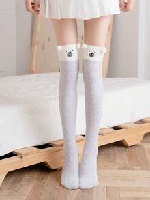 1 Pair Women's Cartoon Cute Thigh High Socks With Thermal Lining, Striped Over-The-Knee Socks