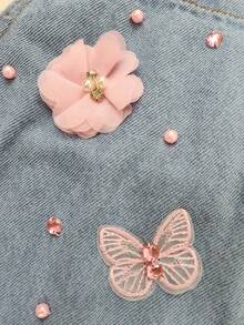 Charming Casual Blue Denim Overalls For Girls With Flower And Butterfly Appliqué - 淺色水洗藍 - 查看 7