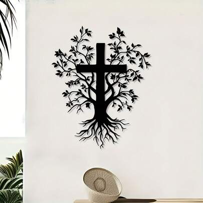 CIF BUY [Vintage Jesus Cross] Modern Christian 1pc Vintage Jesus Cross & Tree Branch Metal Wall Art | Iron Religious Sculpture For Living Room, Bedroom, Church - Ideal Gift, Spiritual Home Decor.