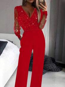 Bộ jumpsuit lưới đính sequin đen gợi cảm dành cho nữ, cổ chữ V sâu, kiểu dáng thanh lịch mùa xuân. - Đỏ - Xem 6