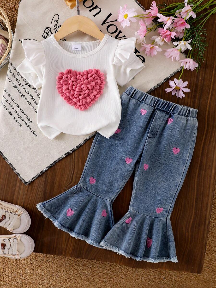 2pcs Baby Girl Fashion Set: Heart Embroidered Cap Sleeve T-Shirt Top And Multi-Heart Floral Ruffle Trim Bell-Bottom Jeans Pants - White - View 1