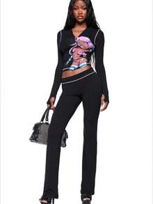 2 Piece Sets Women   Winter Clothes For Women  Two Piece Sets Cute Cartoon-Printed Hooded Zipper Jacket, Low-Rise Long Pants And Sporty Casual Suit - 黑色長套 - 查看 1