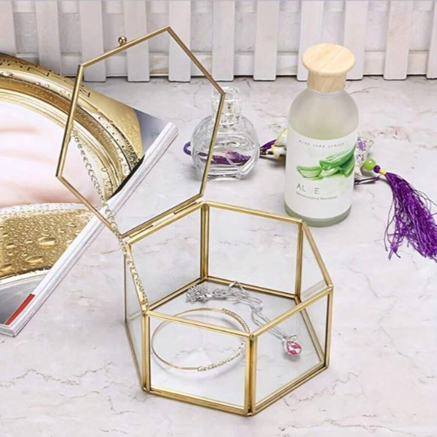 1pc Luxurious Hexagonal Glass Jewelry Display Box - Decorative Boxes For Storage And Organization - Brass Frame, Wedding Gift, Ring, Bracelet, Earring Holder, Mother's Day&Valentine's Day ,Spring Season Home Room Decor, Stylish Storage Case For Jewelry Collector,Room Décor - Multicolor - View 1
