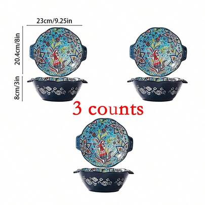 Boho Stil Keramik Suppenschalen Set von 3, Mikrowellen geeignet Griff, Blumenmuster bunt, Perfekt für Suppen Salate Nudeln 1500ML