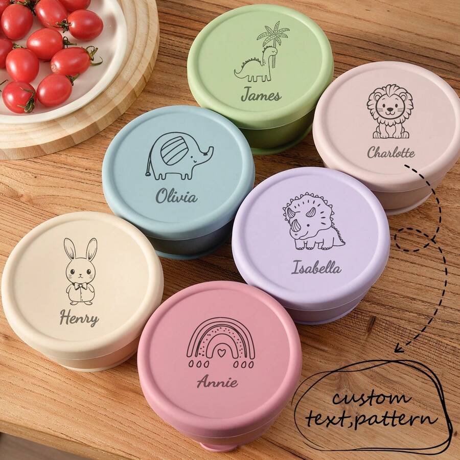 1pc Personalized Customization Name And Pattern Silicone Kids Suction Bowl Children Tableware Food Storage Containers With Lids Solid Color Children Lunch Box