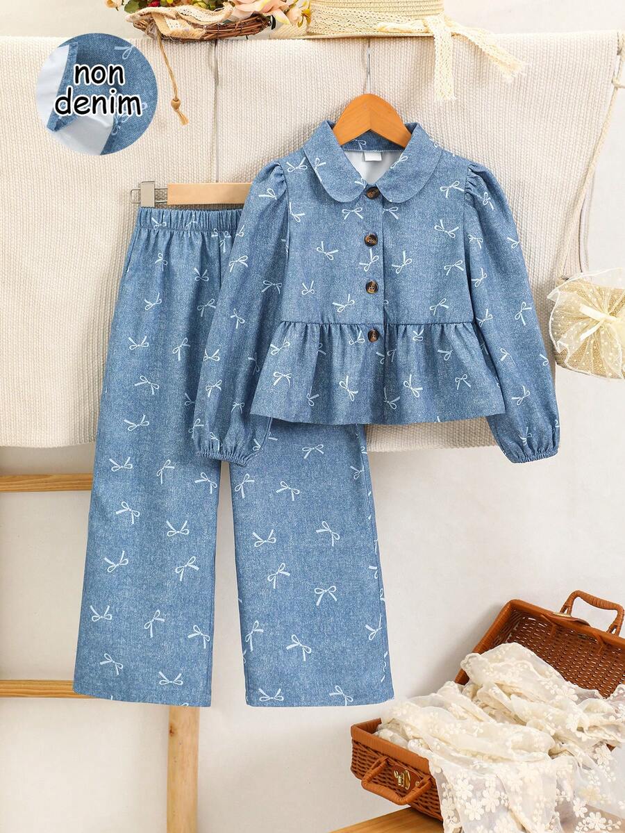 Girls' Spring/Autumn Faux Denim Bow Tie Floral Print Stand Collar Lantern Sleeve Top And Wide Leg Pants 2-Piece Casual Outfit - Blue - View 1