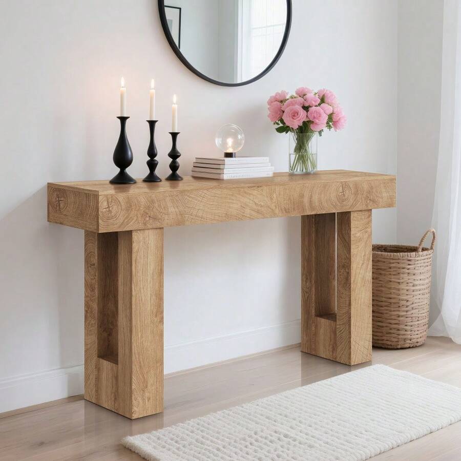 Beaully 63" Farmhouse Storage Console Table - Long Slim Wood Sofa Table, Rustic Rectangular Design For Hallway & Entryway - Natural Oak - View 1
