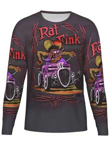 Men'S 3D Rat Fink Vintage Car Graphic T-Shirt - Retro 1950s Hot Rod Design With Rat Fink Lettering & Purple & Pink - Long Sleeve Casual For Halloween & Day Of The Dead - 白色 - 查看 2
