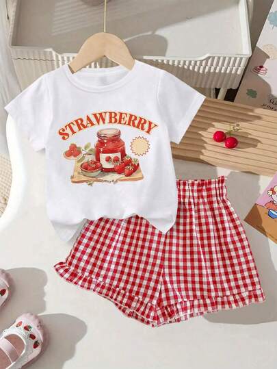 2 piezas Conjunto lindo para niñas, conjunto de shorts con estampado de fresa dulce, camiseta suave combinada con shorts a cuadros rojos, adecuado para uso diario en primavera/verano
