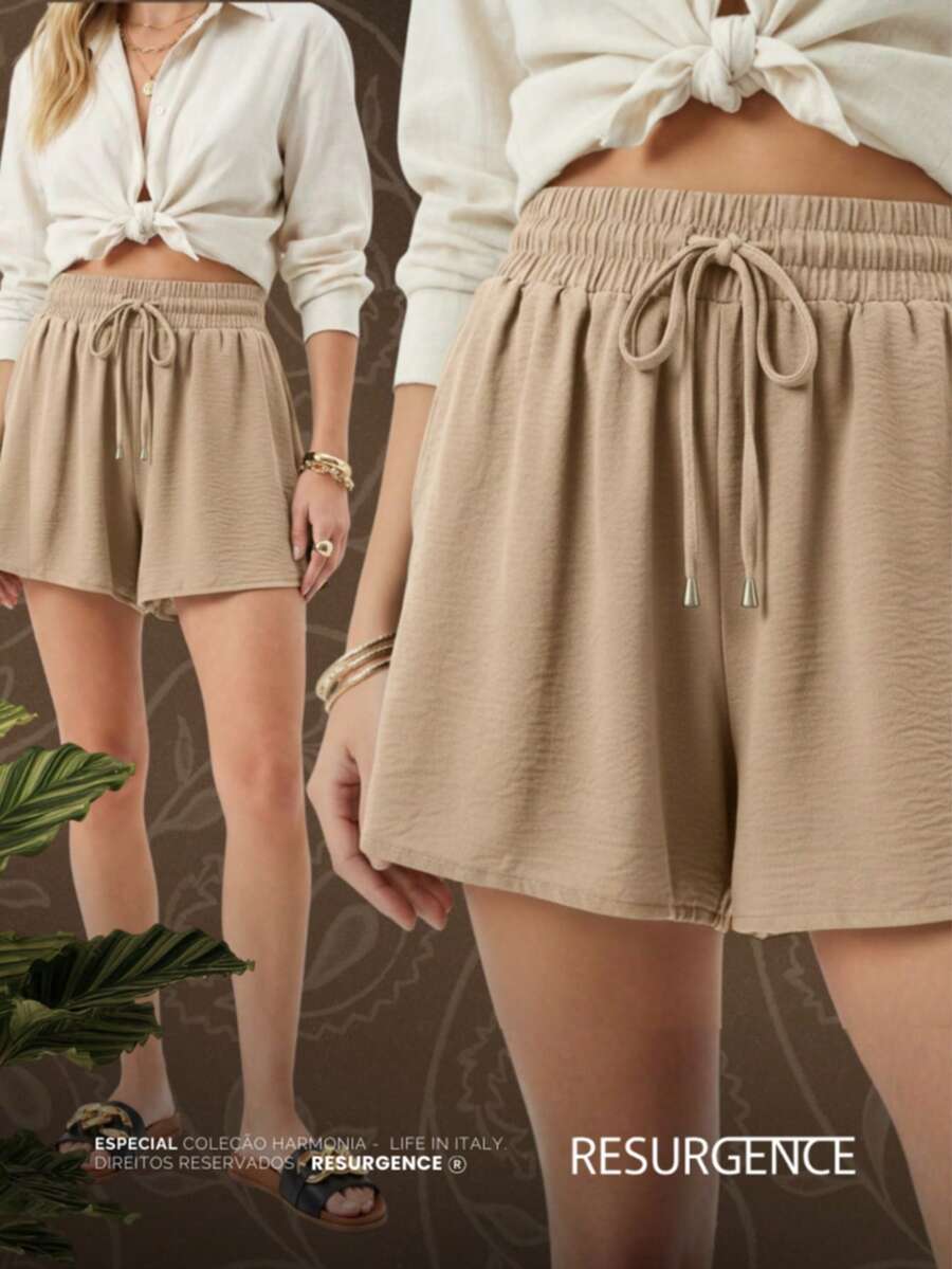 Women's Loose-Fit Beige Shorts, High Waist, Elastic Waistband, Comfortable, Duna Fabric, Casual, Chic, Everyday, Lightweight, Basic, Blogger Style, Knit Fabric, Faux Drawstring, Women's Fashion, Home, Beach, Vacation, Diary, Brunch, Travel, Spring, Summer - 米色 - 查看 1