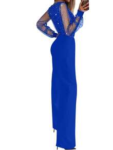 女士性感黑色亮片网纱连体裤，深V领，春季款 - 寶藍色 - 查看 10