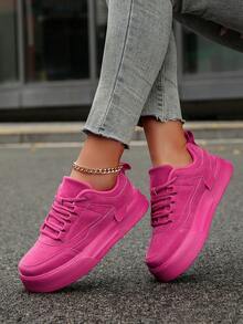 Women's Minimalist Solid Color PU Leather Patchwork Comfortable Versatile Vivid Fuchsia Flat Casual Shoes, Personalized Outdoor Fashion Daily Commute Business Front Lace-Up Skateboard Sneakers - Hot Pink - View 10