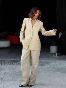 2pcs Women's Business Casual Long Sleeve Open Back Blazer Jacket + Straight Leg Pants Suit Set, Business Commute, Street Style, Airport Fashion, New Solid Color Pocket Business Casual Suit Set, Office Wear Spring/Summer - Apricot - View 6