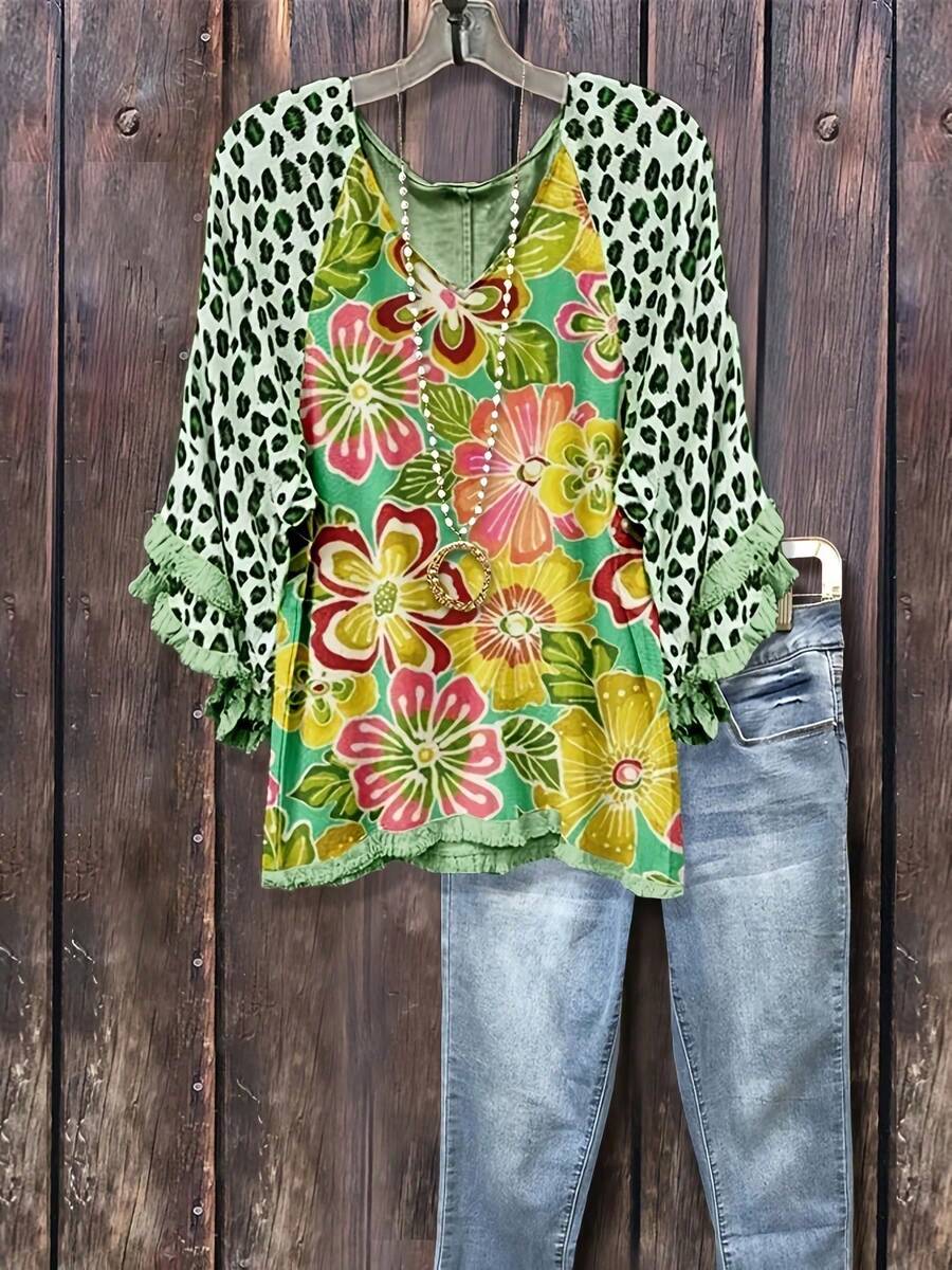 1 Women's Retro Floral Print Leopard Sleeve Ruffle Trim Top Blouse, Frayed Hem, Loose Fit Ruffle Cuffs And Hem Tunic, Women's Spring& Summer Clothing - 綠色 - 查看 1