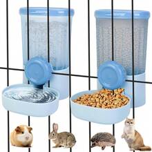 Paquete de 2 dispensadores automáticos de agua para alimentos para mascotas, alimentador automático de conejos y dispensador de agua para jaula, tazón de comida y agua para gato, conejo, chinchilla, - Azul - Ver 9