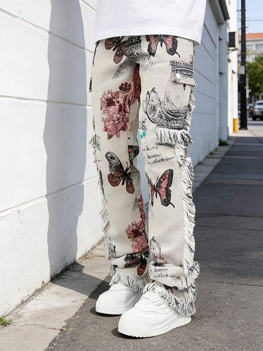 Men's Vintage Distressed Washed Denim Work Pants, Heavy Multi-Pocket Cargo Pants, Street-Style Jeans, Niche Denim. - trắng - Xem 1