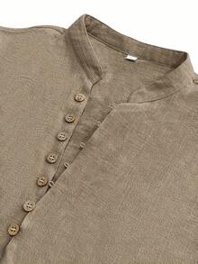 夏季男士短袖亨利衬衫，深 V 领亚麻透气纯色复古风格休闲多纽扣衬衫，适合度假、日常穿着