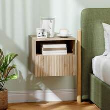 Nightstand, Handleless Design, Open Compartment, Drawer, Wall-Mounted, Light Brown - Khaki - View 2