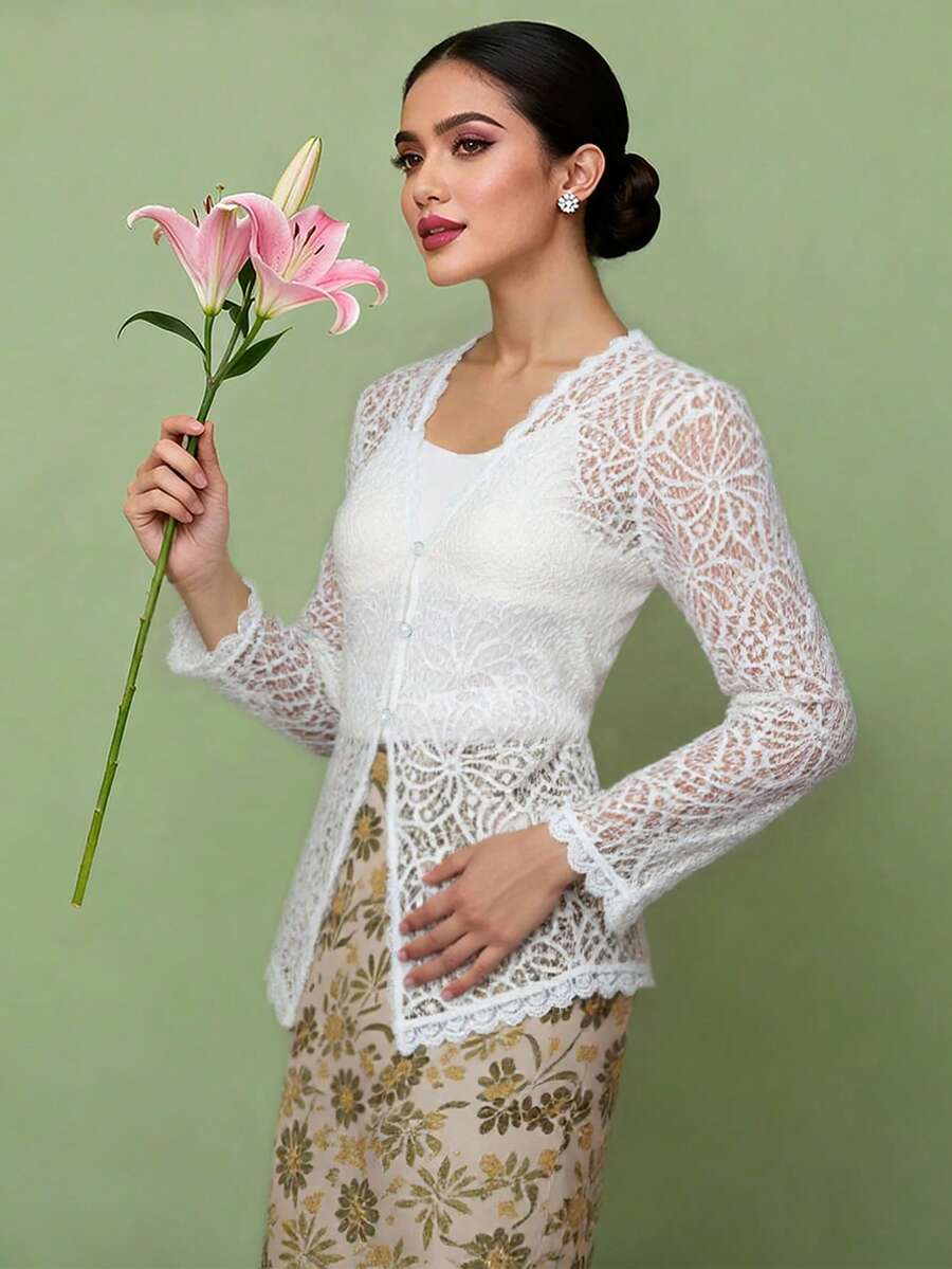 女士花卉印花优雅蕾丝边镂空长款白色衬衫，开斋节服装，开斋节 - 白色 - 查看 1