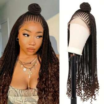 Parrucca a trecce in pizzo sintetico da 34 pollici di colore nero, capelli lunghi per trecce a scatola con frangia, onde d'acqua e onde morbide, estensioni per capelli intrecciati con parrucca in pizzo, fibra a bassa temperatura, aspetto naturale, adatta per uso quotidiano, feste, cosplay e festival musicali per donne