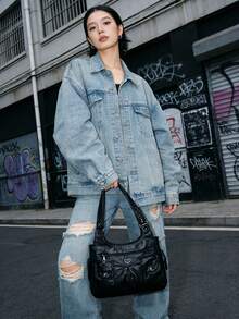 Noverina Punk Casual Women's Shoulder Bag/Totes Large Capacity Handbag For Commuting, [US-Based Shipping] School, New Arrival Tote Bags For Woman,Black Fashion Tote Bag,Casual Hobo Handbag,Daily Use Shoulder Bag,Everyday Bag For Women,Work/Travel Tote, Casual Purse,Spacious Storage,Chic Heart Detail,Durable & Lightweight,Perfect For Daily Commutes, Work, Shopping, Travel, Or Casual Outings.Matches Jeans, Dresses, Or Casual Outfits-Versatile For Any Relaxed Occasion.Black Crinkled Faux Leather Tote Bag With Heart Decor – Spacious Hobo Handbag For Daily Work Shopping,Bolsos Para Mujer,Bolsas De Mujer,Purse,Purses And Bags Women,Gifts For Women,Women's Fall Clothing Winter Clothing Christmas Gift Fall Autumn Velvet Furry Party Fuzzy Plush Thanksgiving Festival Cyber Monday Holiday Knitted Winter Valentine's Day Gift Christmas Women's Crossbody New Year Snow Warm Thermal End-Of-Year - 黑色 - 查看 7