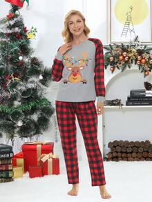 Christmas Print 1 Top and Gingham 1 Trousers PJ Set - Multicolor - View 1