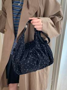 Túi đeo vai nữ đa năng kiểu Hàn Quốc & Nhật Bản in hình nơ, chất liệu nhung kẻ, nhiều ngăn, có thể gập lại, dây đeo điều chỉnh được, phù hợp sử dụng hàng ngày, cho học sinh/sinh viên, thiết kế xếp ly đơn giản và dễ thương với ngăn trước và dây rút. - Nhiều màu - Xem 3