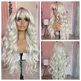 Peluca sintética con encaje frontal de onda suelta con flequillo, con reflejos rubio hielo ombre en color blanco, peluca con encaje para mujer para uso diario y cosplay, con flequillo en color rubio miel, marrón ceniza, sin pegamento, longitud media y larga