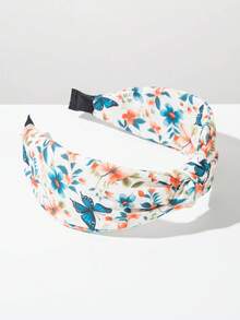 1pc Printed Fabric Boho Style Headband, Knotted Wide Brim Butterfly Flower Pattern Fabric Headband, Elegant & Fashionable, Suitable For Daily Wear - Orange - View 2