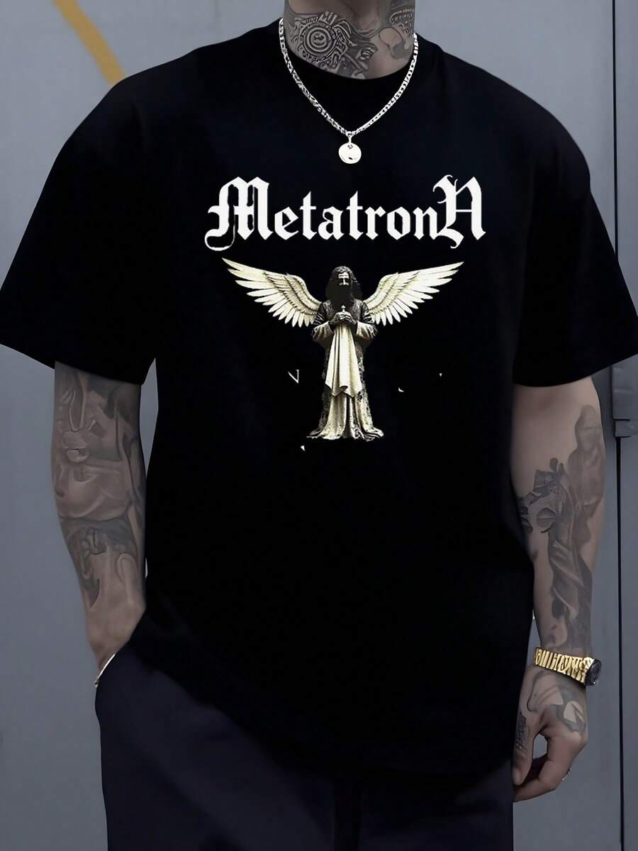 Golden Angel Figure With Outstretched Wings And Hands In A Prayer Position, Conveying A Symbolism Of Protection, Peace, And Spiritual Strength, Ideal For Those Seeking A Mystical Touch. Men's T-Shirt, 100% Cotton, 220g - 黑色 - 查看 1