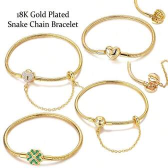 1 pieza Pulsera con cadena de serpiente chapada en oro de 18K con colgantes de trébol, corazón, estrella y luna, manualidades con cuentas, adecuada para uso diario y regalos festivos, joyería elegante para mujeres, ideal para el Día de San Valentín y el Día de San Patricio