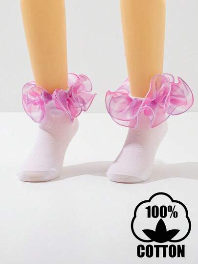 1 par de calcetines de tobillo de princesa de algodón con degradado de color y encaje, transpirables para niños, para primavera/verano