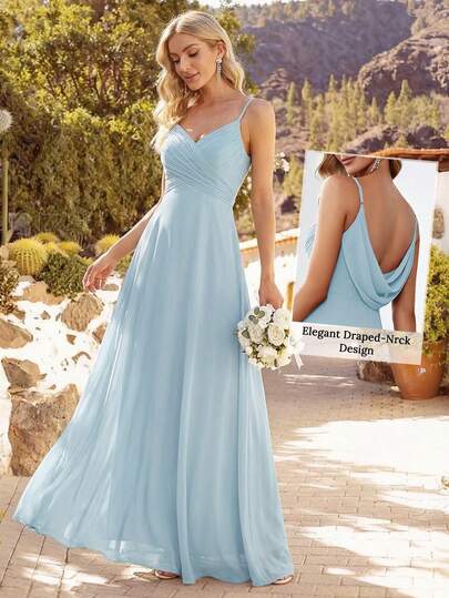 Sexig Spaghettibands V-ringad Rygglös Aftonklänning, Avslappnad Chic, Lämplig För Vardagskläder, Ljusblå Brudtärneklänning, Bröllopsgästklänning