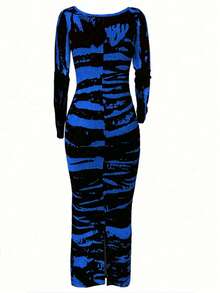 Đầm dài tay, dài đến mắt cá chân, in họa tiết tie-dye tương phản, chất liệu co giãn thấp, hơi trong suốt, ôm sát, dành cho nữ, thích hợp cho kỳ nghỉ xuân/hè. - Xanh đậm - Xem 9