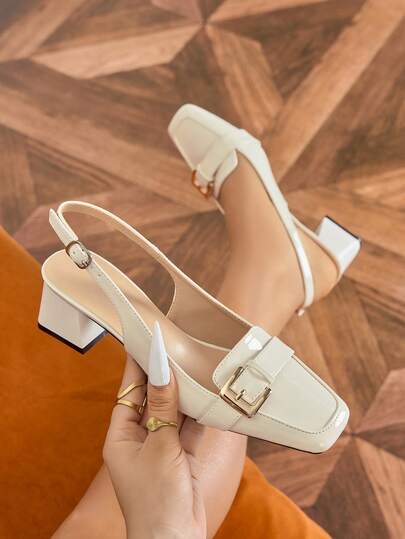 2025 Chunky Heel White Collar Pumps, Square Toe, Metal Buckle Accent, Elegant Dress Shoes For Women, Spring/Summer 2025