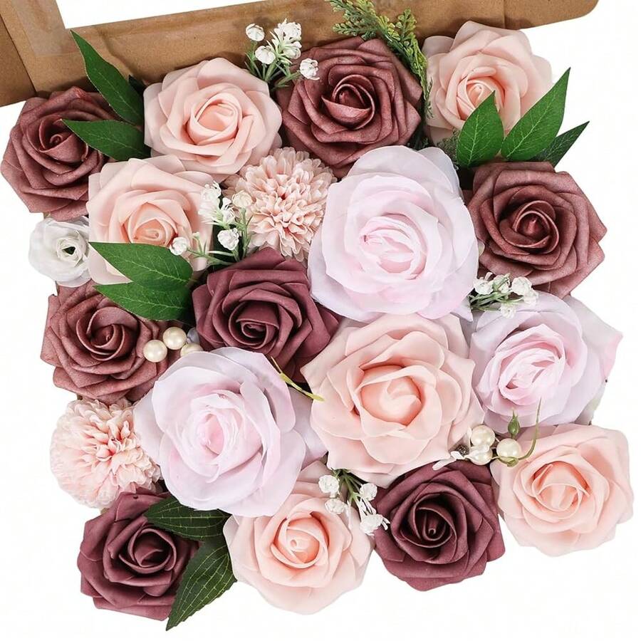 [Free Shipping]Artificial Flowers Combo Dusty Pink White Roses With Stems Leafs Bouquets Bridal Wedding Shower Decorations Fake Floral For Party Table Centerpieces - 葡萄酒 - 查看 1