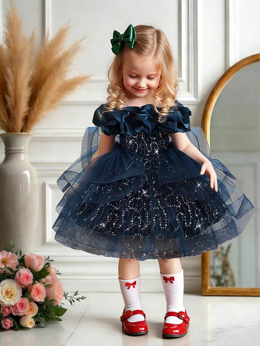 Baby Girls Sequin Mesh Cute Birthday Princess Dress, Suitable For Party, Celebration, Outing, Does Not Include Headband - Navy Blue - View 1