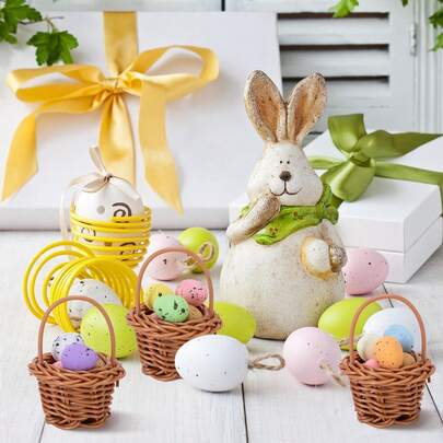 6pcs Easter Mini Woven Baskets With Handles, Small Decorative Picnic Baskets, Easter Mini Basket Set, Suitable For Home Office Decor, Wedding, Birthday Party Favors
