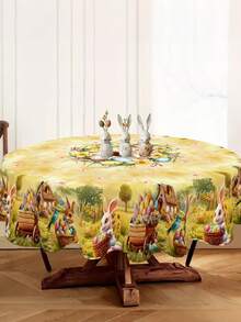 1pc Spring Easter Tablecloth, Polyester Farmhouse Style Rectangular/Round Easter Tablecloth Decorated With Rabbits, Eggs And Floral Patterns, Creating A Joyful Easter Atmosphere, Suitable For Home Kitchen Dining Table Decor, Adding Spring Holiday Vibe. - Multicolor - View 5