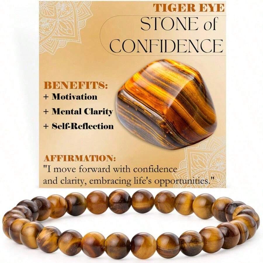 1PCS   6mm Natural Stone Obsidian Amazonite Bead Bracelet With Elastic Cord And Card - Yellow Tiger Eye - 查看 1
