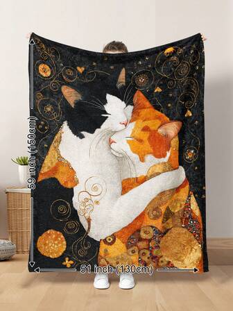 1ชิ้น ผ้าห่มขนนุ่มสไตล์ภาพวาดสีน้ำมัน แรงบันดาลใจจาก Klimt "The Kiss" ลายกอดแมวอบอุ่น เหมาะสำหรับทุกฤดูกาล เหมาะสำหรับห้องนั่งเล่น โซฟา เก้าอี้นั่งเล่น ห้องนอน เดินทางด้วยรถยนต์ แคมป์ปิ้ง และของขวัญตกแต่งบ้านสำนักงาน