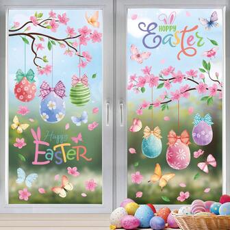 2 st/set stora påsk glada trädgrenar blommaägg hängande dekor fönsterdekorationer, gör-det-själv avtagbara statiska klistermärken, lämpliga för hem, butik, hotell fönsterdekoration