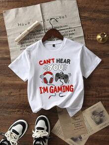 男童休闲印花圆领短袖T恤，夏季上衣 - 白色 - 查看 3